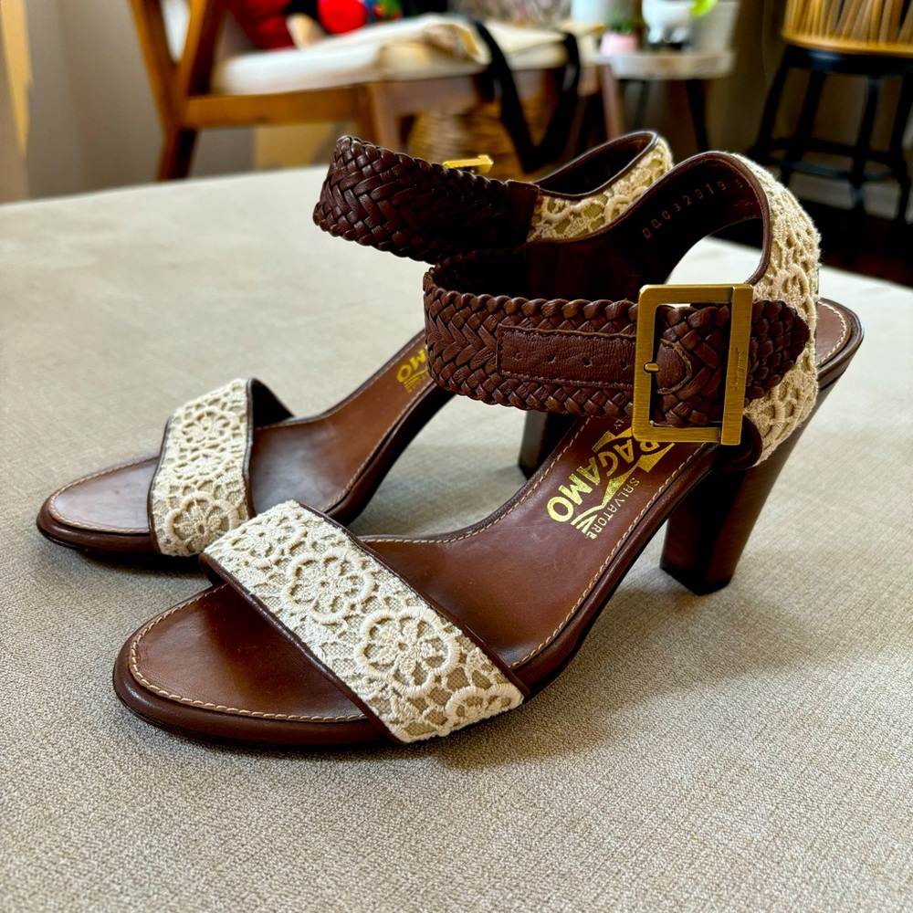 FERRAGAMO 🤎 Leather & Crochet Heeled Sandals